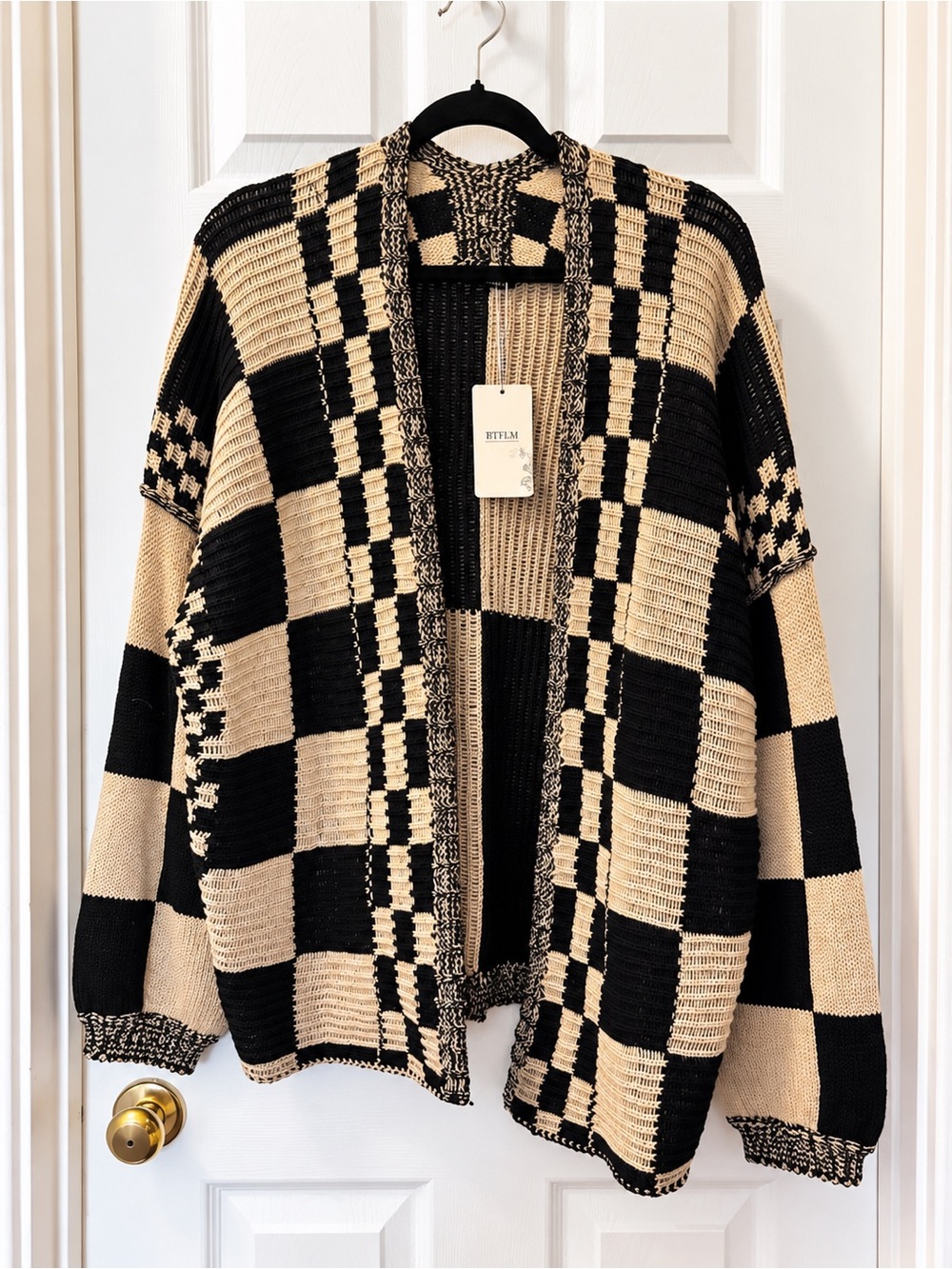 Open-Front Black & Cream Checkered Knit Cardigan